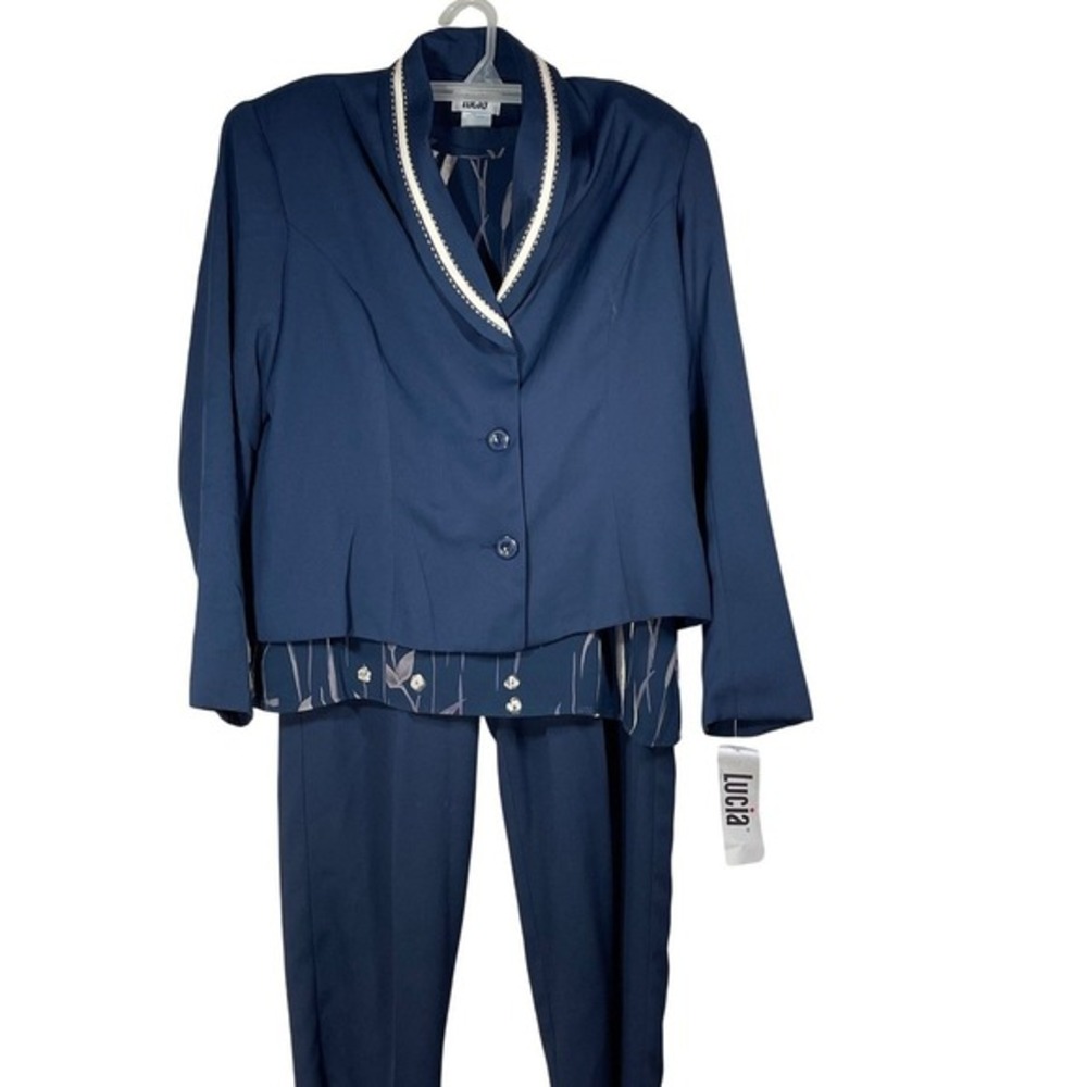 Lucia 3pc Pantsuit Indigo Navy Blue Blazer Floral Shell Trousers 16 NWT‎ vtg